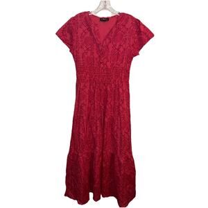 LIZA BYRD $148 Cotton Floral Smocked Waist Tiered Maxi Dress Size XS Pink Coral